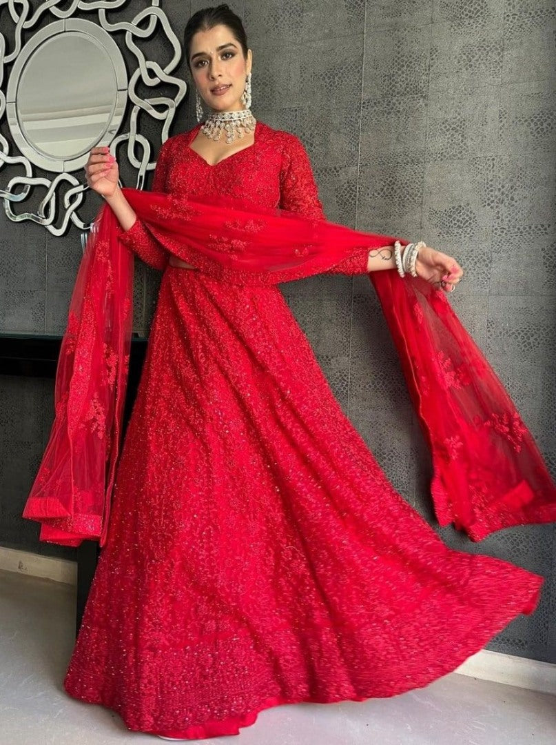 Red net coding heavy dori work wedding lehenga choli
