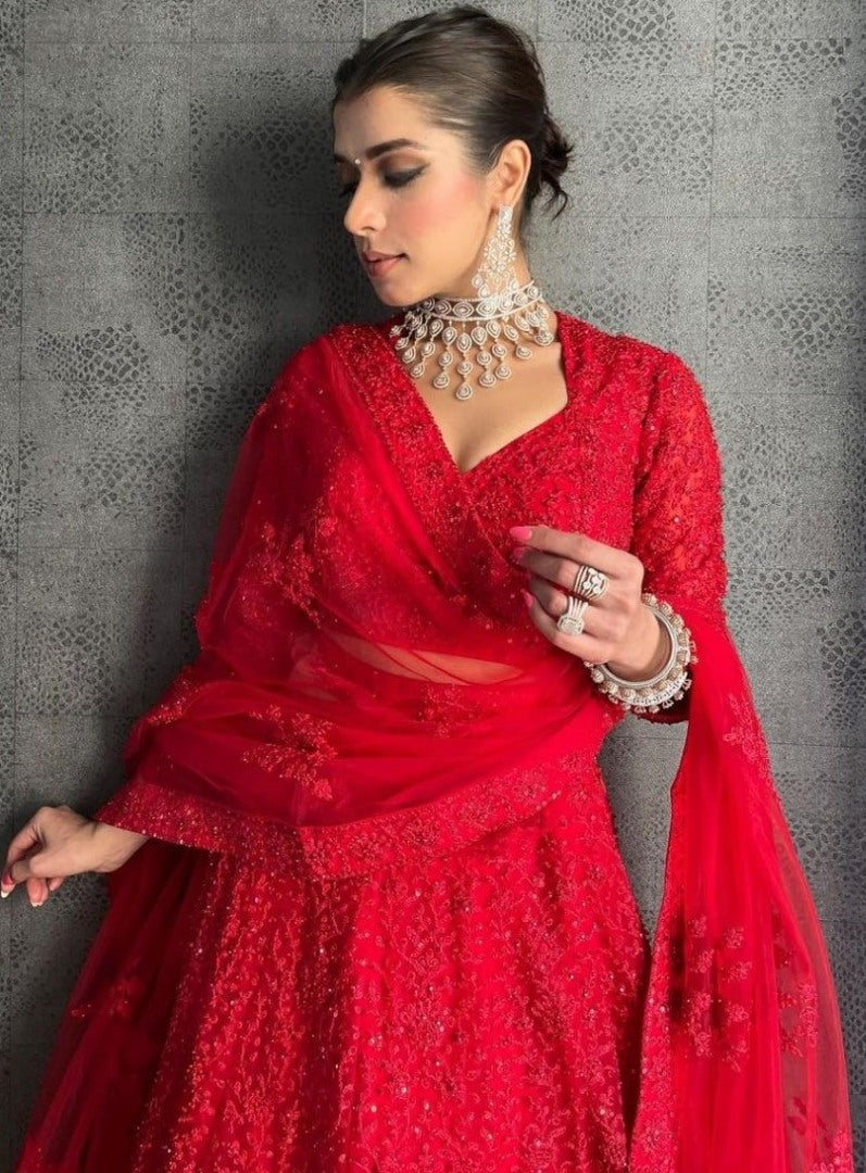 Red net coding heavy dori work wedding lehenga choli
