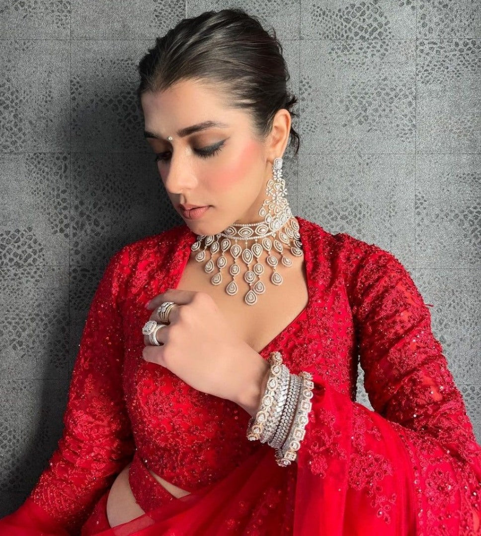 Red net coding heavy dori work wedding lehenga choli