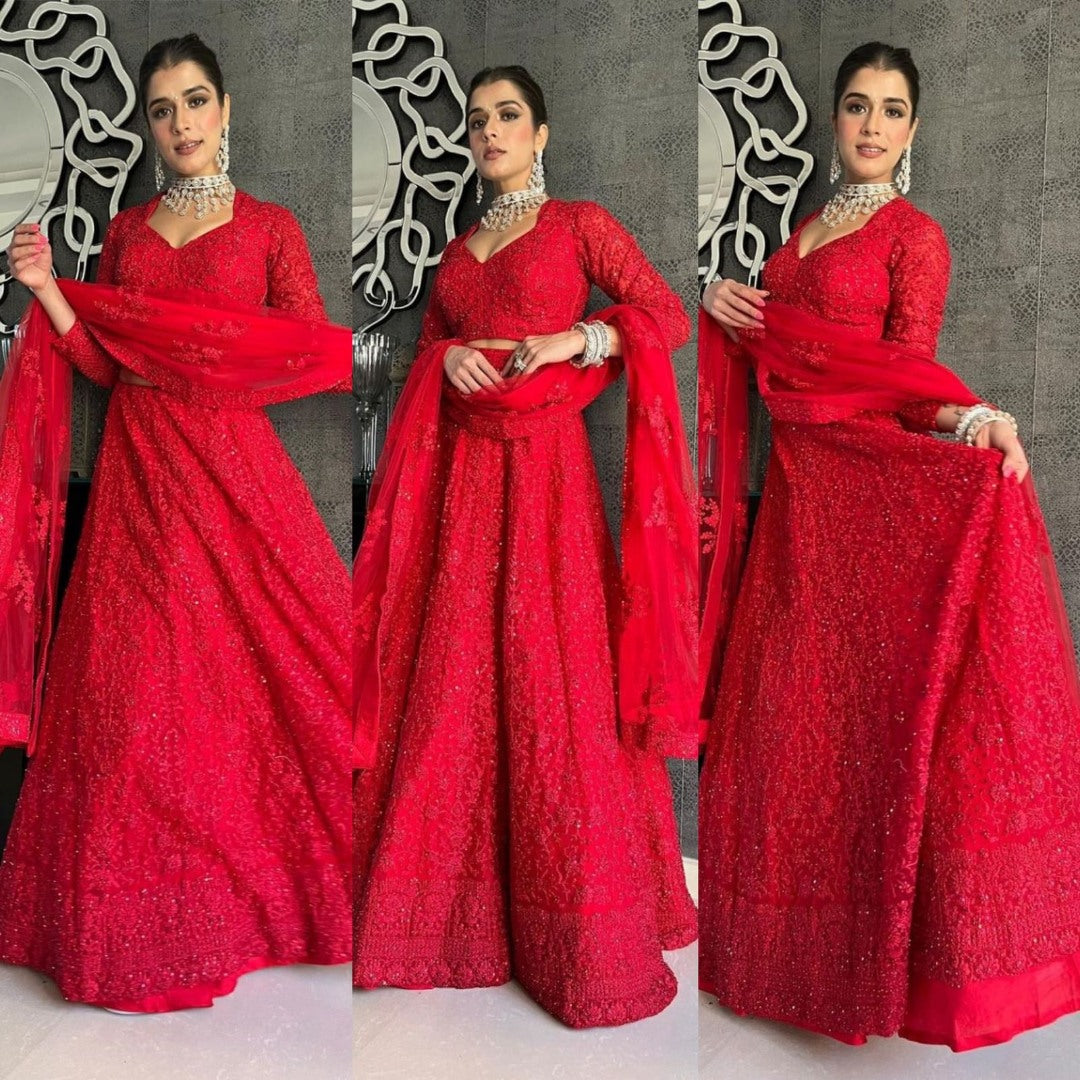 Red net coding heavy dori work wedding lehenga choli