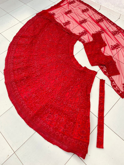 Red net coding heavy dori work wedding lehenga choli