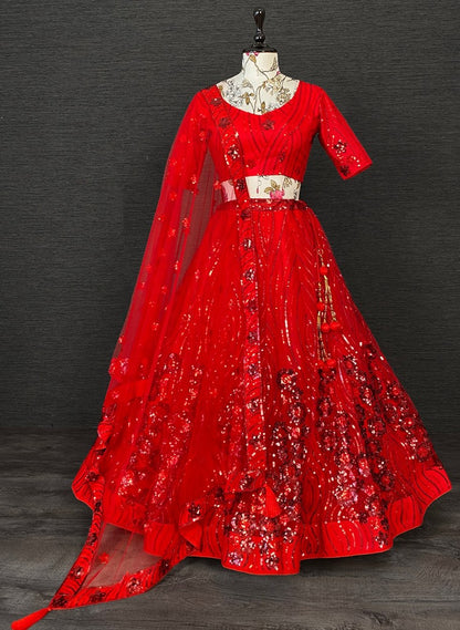 Red net heavy sequence embroidered wedding lehenga choli