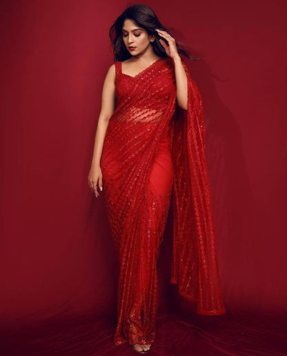 Red net heavy sequence thread work designer wedding saree