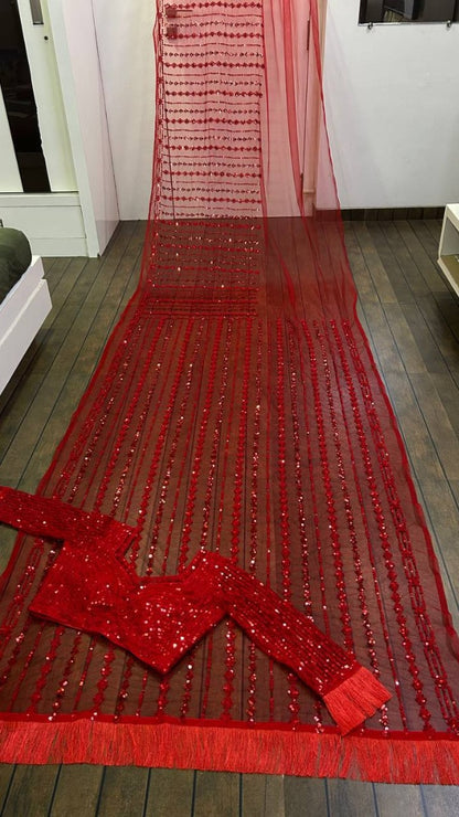 Red net heavy sequence thread work designer wedding saree