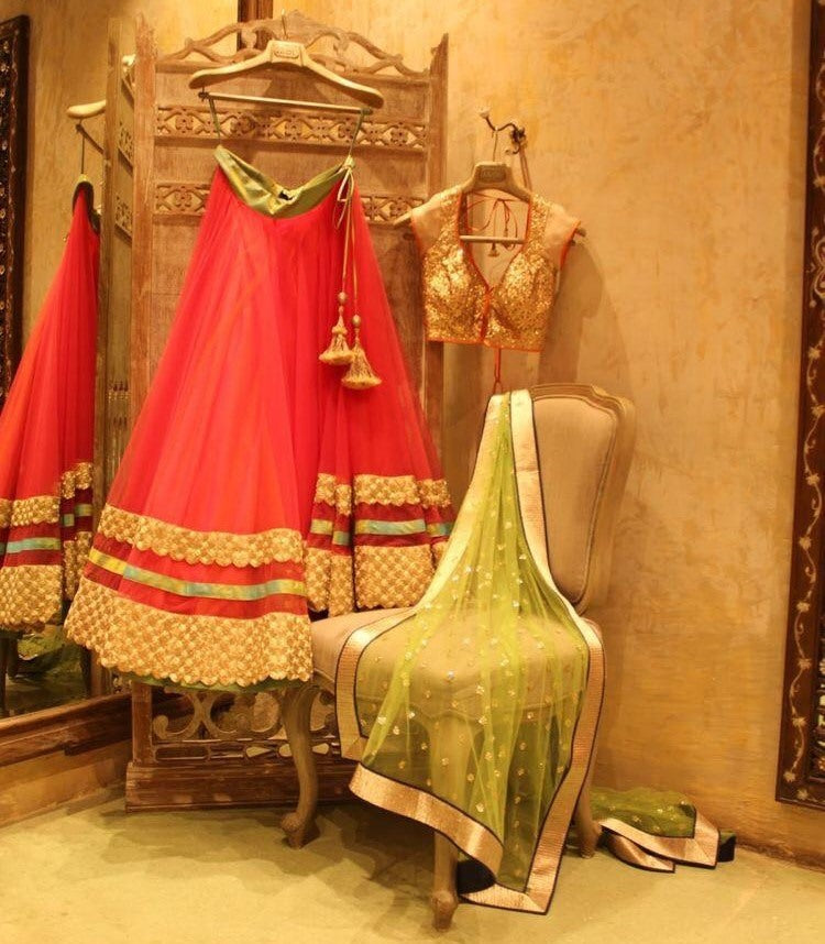 Red net partywear lehenga choli