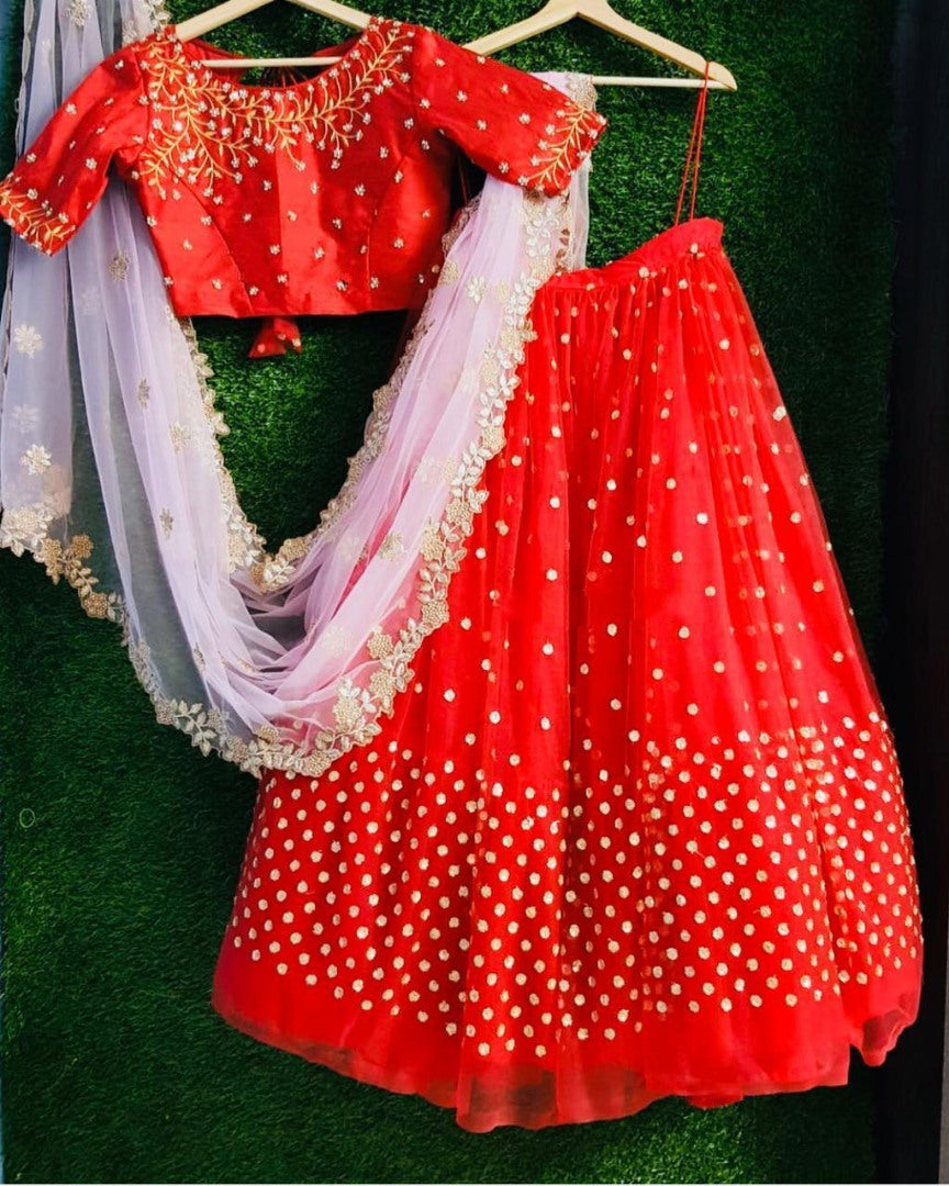 Red net sequence embroidery work wedding lehenga choli