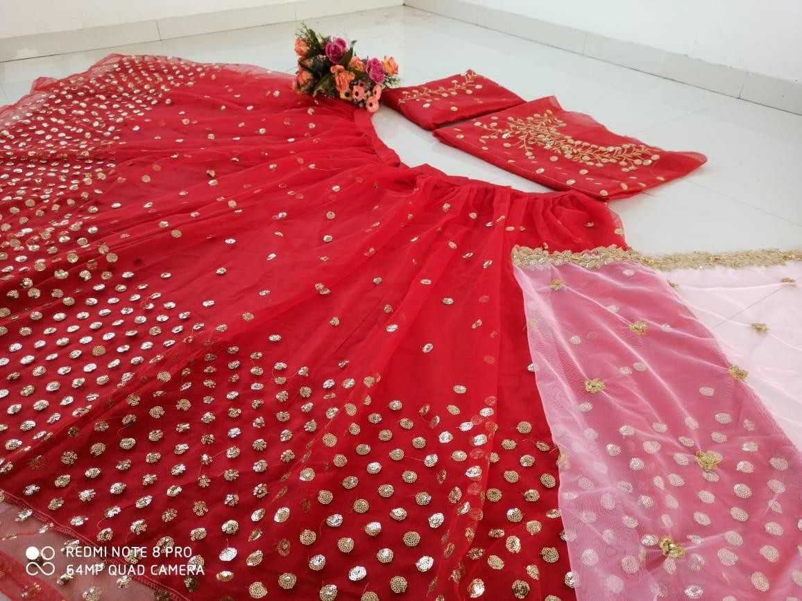 Red net sequence embroidery work wedding lehenga choli