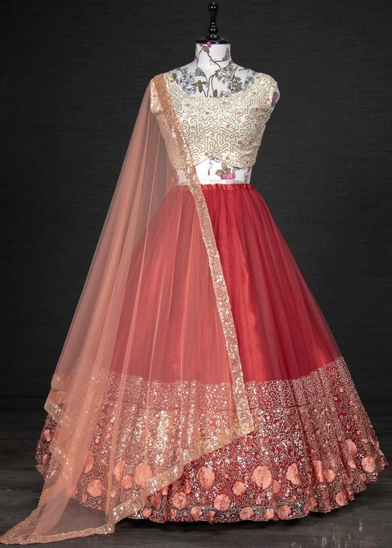 Red net sequins embroidered work lehenga choli