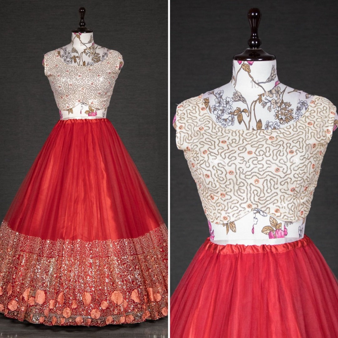 Red net sequins embroidered work lehenga choli