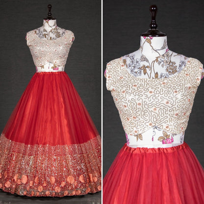 Red net sequins embroidered work lehenga choli