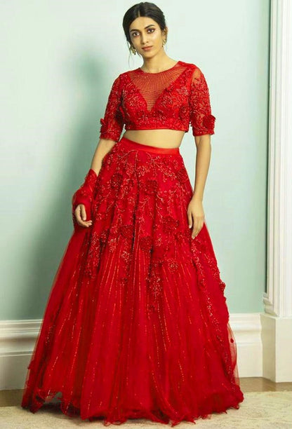 Red net zari embroidered patch flower work wedding lehenga choli