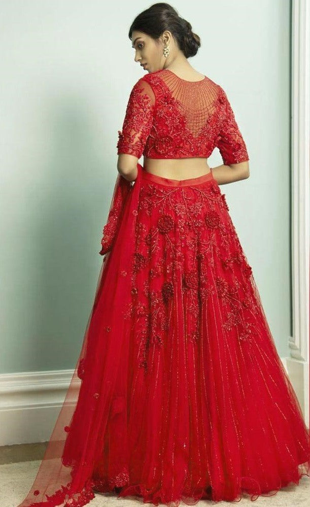Red net zari embroidered patch flower work wedding lehenga choli