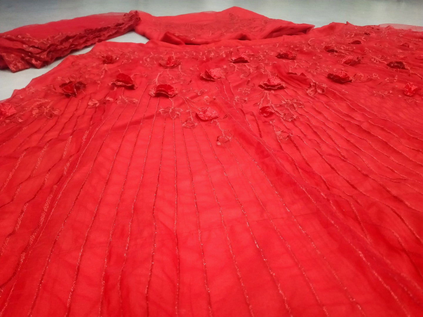 Red net zari embroidered patch flower work wedding lehenga choli