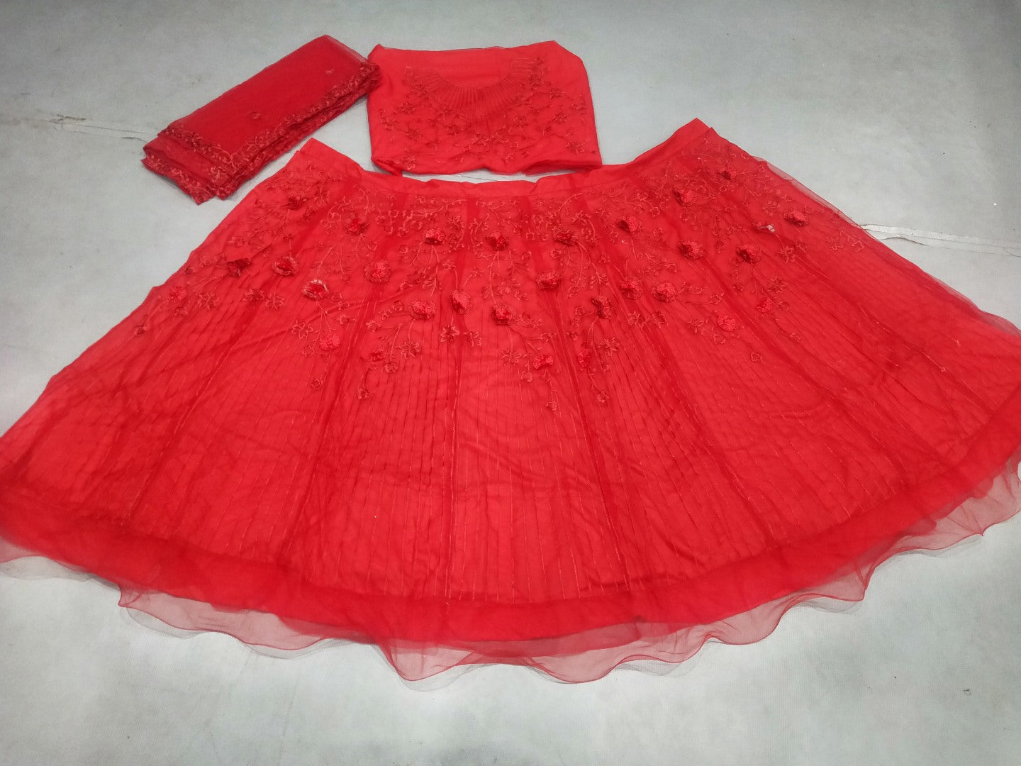 Red net zari embroidered patch flower work wedding lehenga choli