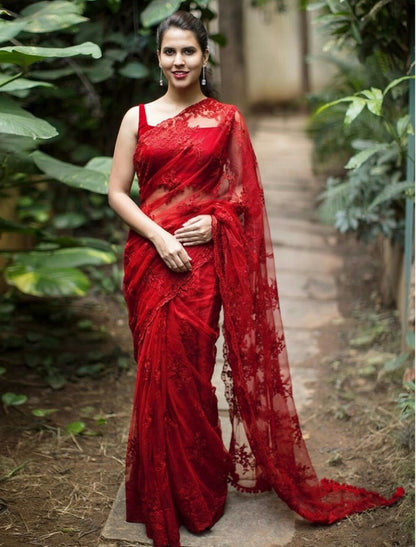 Red nylon net embroidered partywear saree