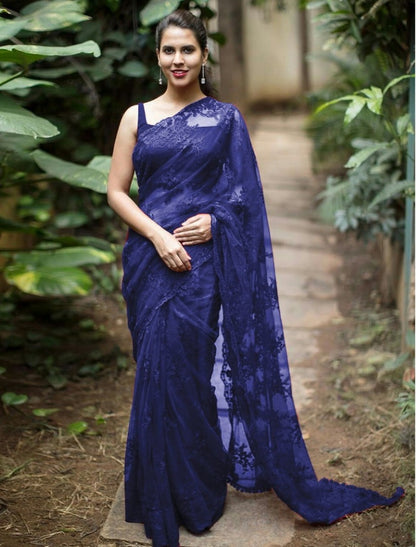 Red nylon net embroidered partywear saree