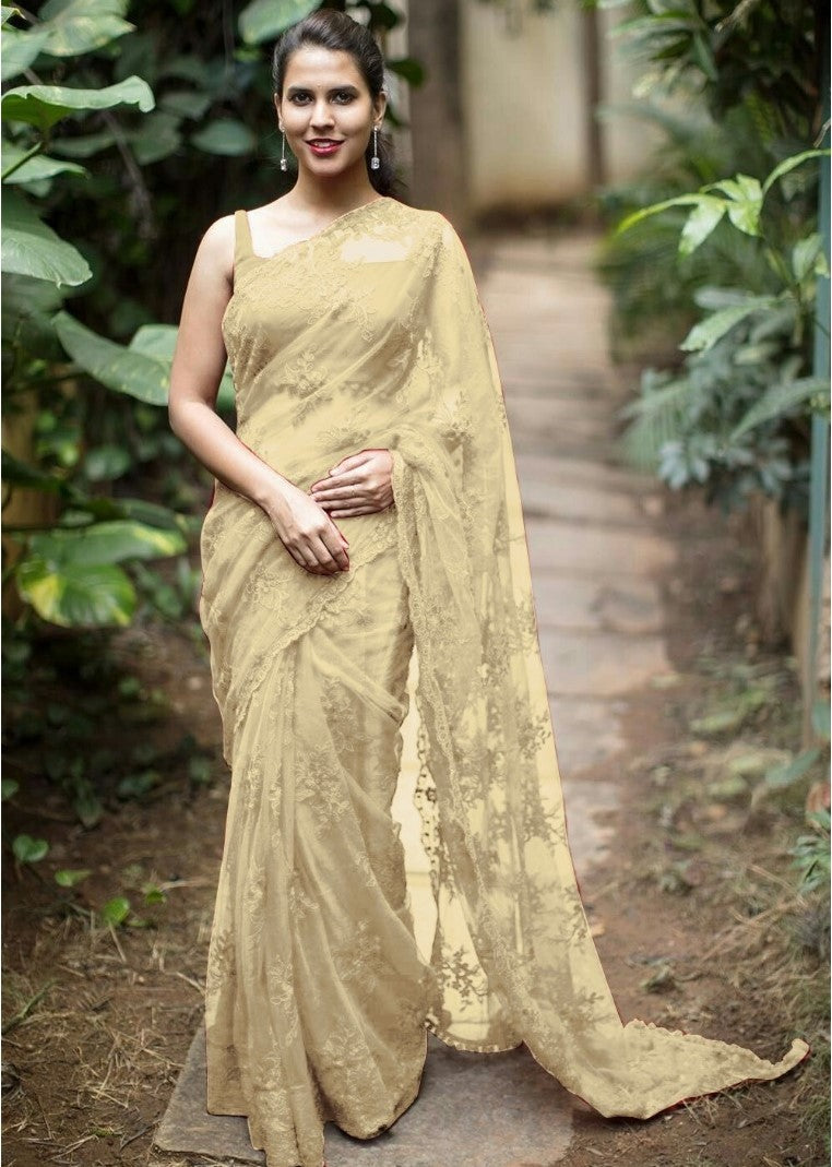 Red nylon net embroidered partywear saree