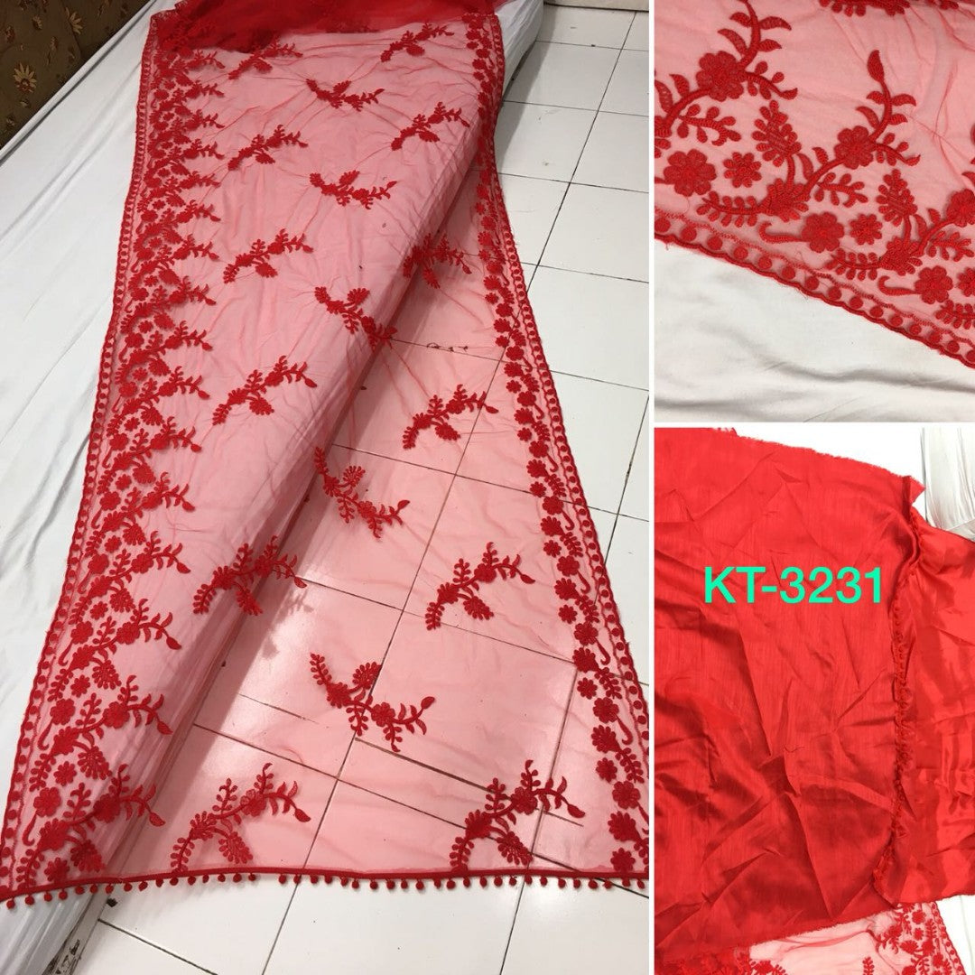 Red nylon net embroidered partywear saree
