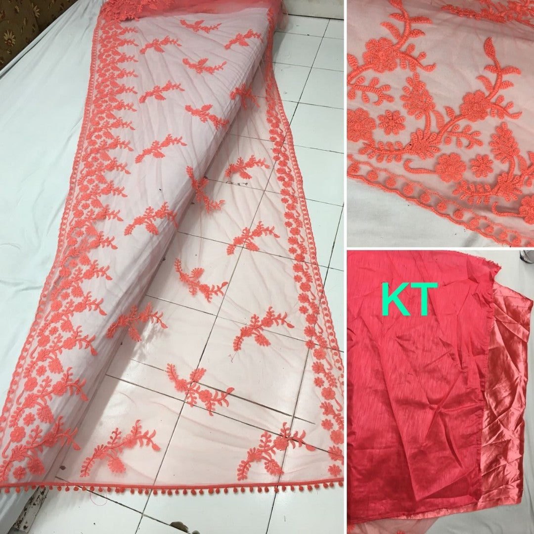 Red nylon net embroidered partywear saree