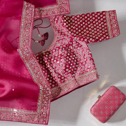 Red organza coading and sequence work wedding saree