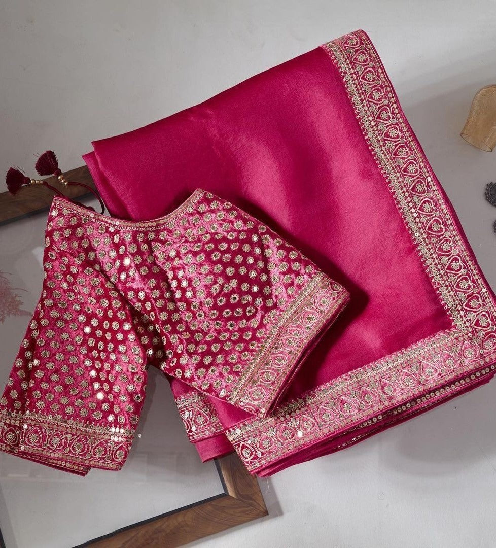 Red organza coading and sequence work wedding saree