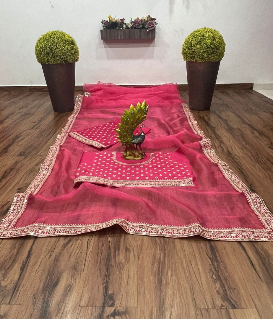 Red organza coading and sequence work wedding saree