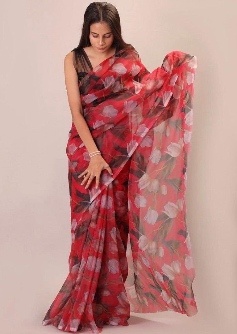 Red organza digital flower printed saree