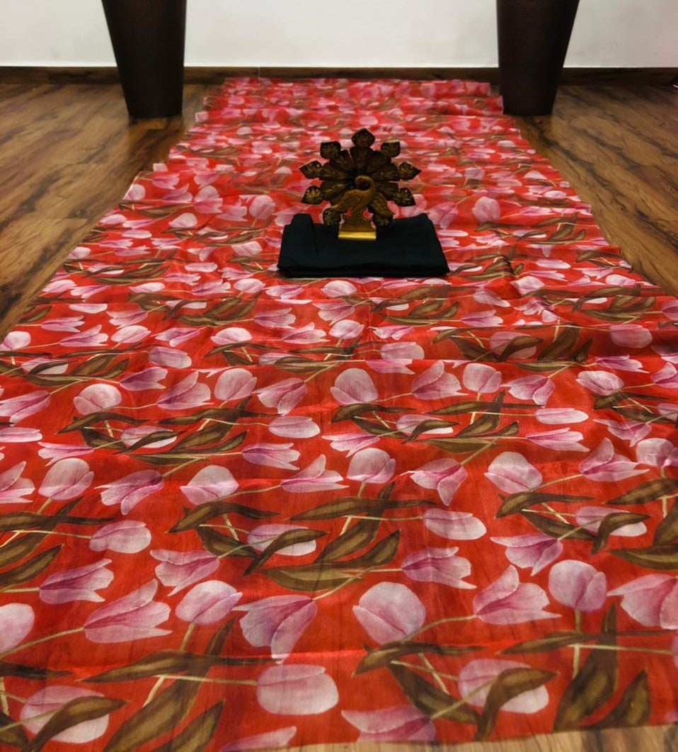 Red organza digital flower printed saree