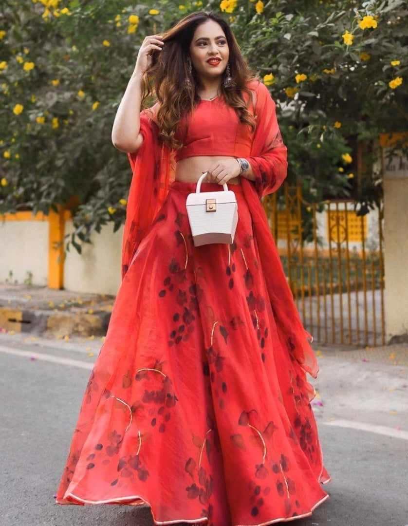 Red organza digital printed lehenga choli