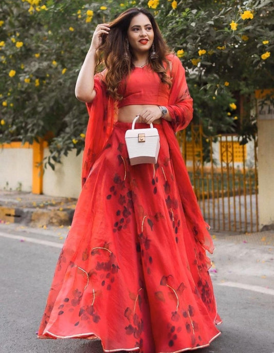 Red organza digital printed lehenga choli