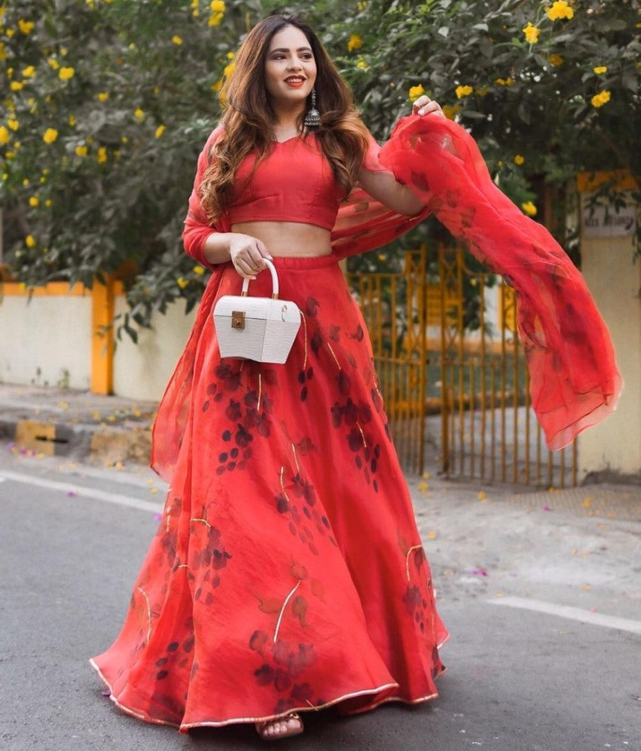 Red organza digital printed lehenga choli