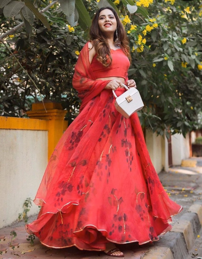 Red organza digital printed lehenga choli