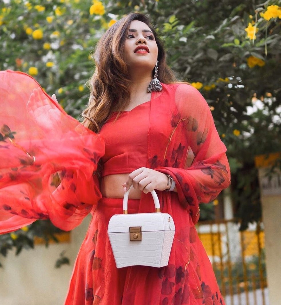 Red organza digital printed lehenga choli