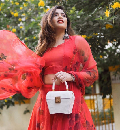 Red organza digital printed lehenga choli