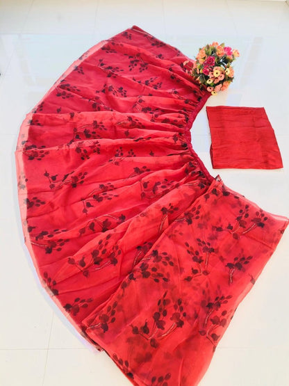 Red organza digital printed lehenga choli