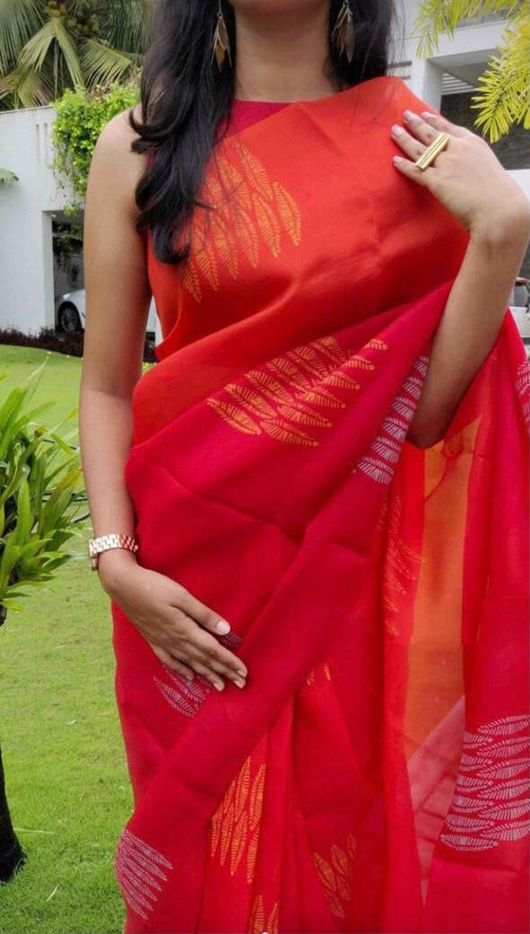 Red organza digital printed saree