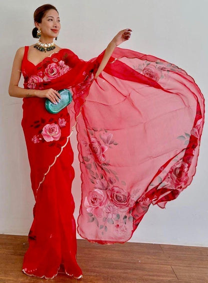 Red organza flower printed hand worked partywear saree
