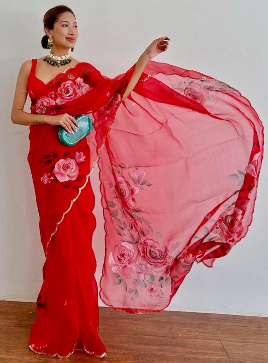 Red organza flower printed hand worked partywear saree