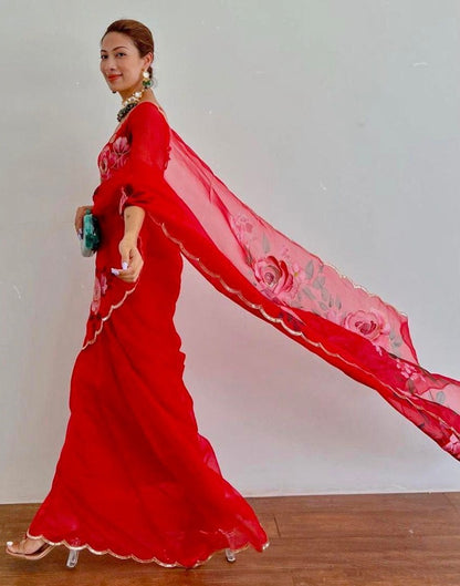 Red organza flower printed hand worked partywear saree