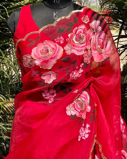 Red organza flower printed hand worked partywear saree