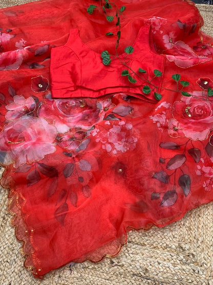 Red organza flower printed hand worked partywear saree