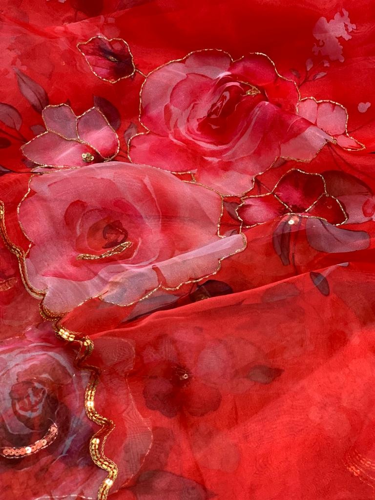 Red organza flower printed hand worked partywear saree
