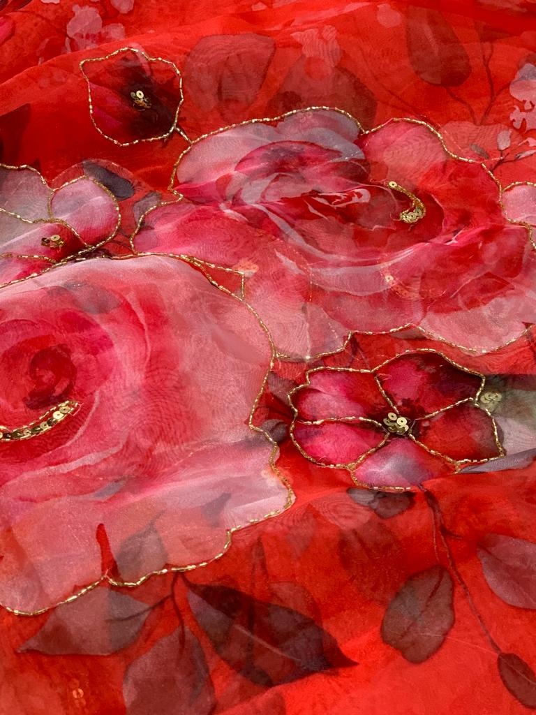 Red organza flower printed hand worked partywear saree