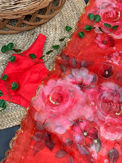 Red organza flower printed hand worked partywear saree