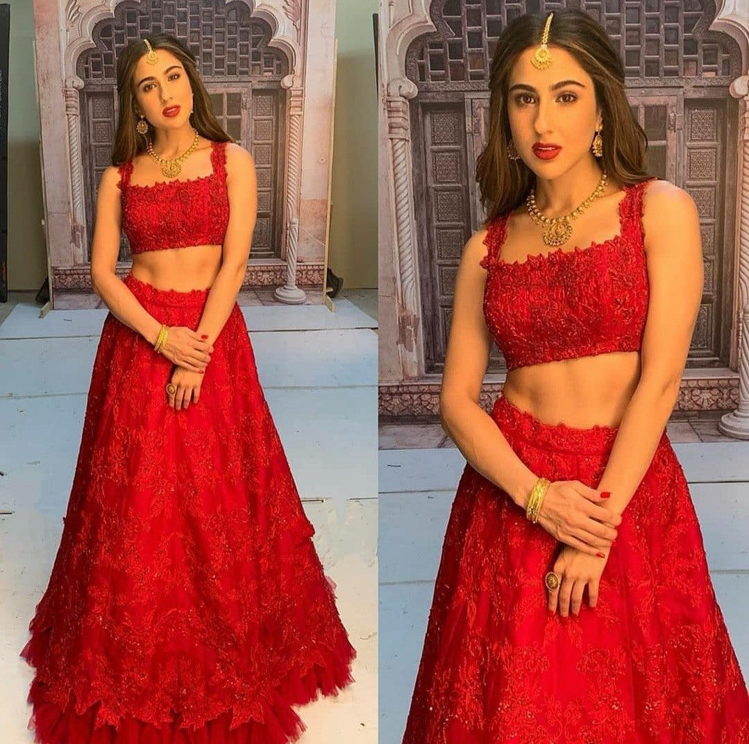 Red organza heavy embroidered designer wedding lehenga choli