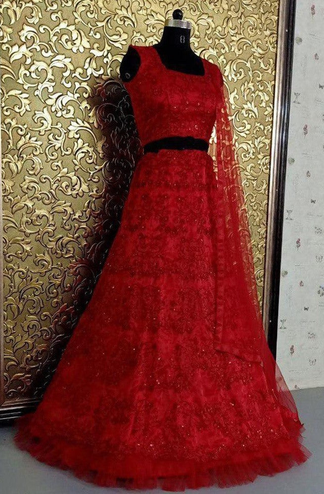 Red organza heavy embroidered designer wedding lehenga choli