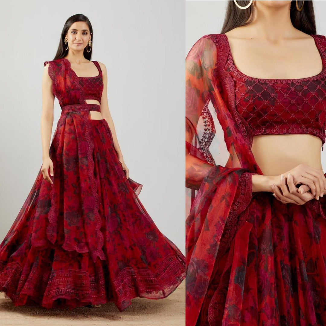 Red organza silk embroidered lehenga choli