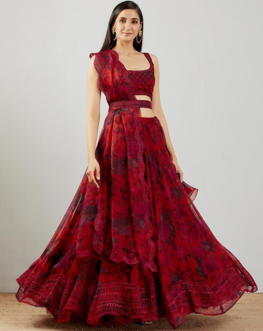 Red organza silk embroidered lehenga choli