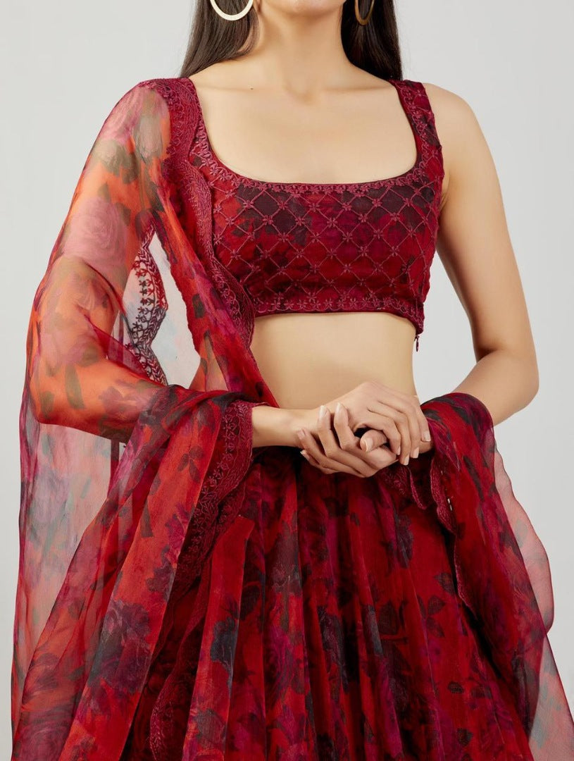 Red organza silk embroidered lehenga choli