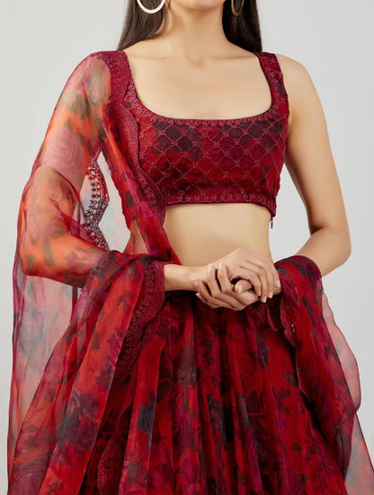 Red organza silk embroidered lehenga choli